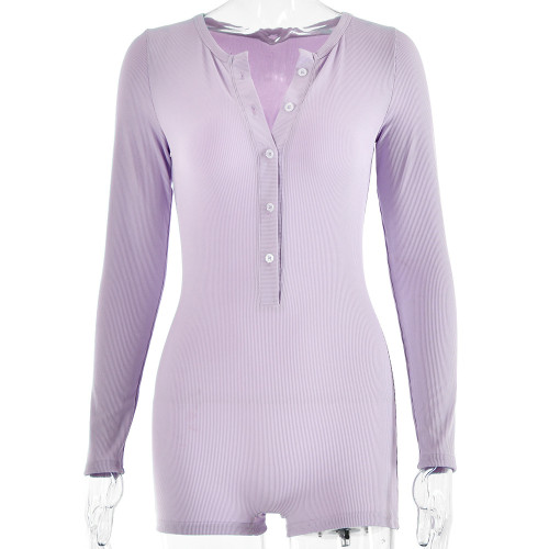Spring ribbed long-sleeved single-breasted rompers sexy tight leggings sports jumpsuit