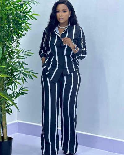 Fashion casual suit for women, spring and autumn long-sleeved shirt, striped loose trousers, women's two-piece set
