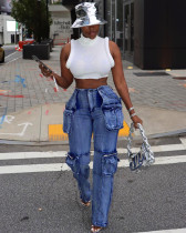 Spring Casual Multi-Pocket Cargo Pants Mid Rise Washed Straight Leg Jeans