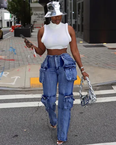 Spring Casual Multi-Pocket Cargo Pants Mid Rise Washed Straight Leg Jeans