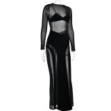 Fashionable and sexy slim-fitting long-sleeved mesh spliced see-through long dress