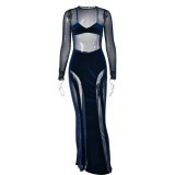 Fashionable and sexy slim-fitting long-sleeved mesh spliced see-through long dress