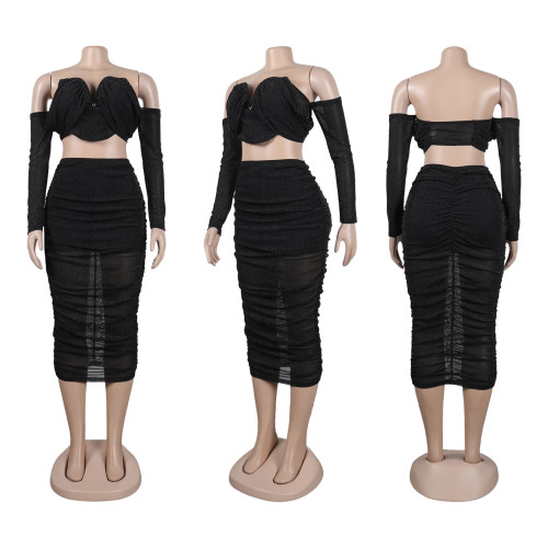 Sexy pleated skirt two piece set nightclub wear
