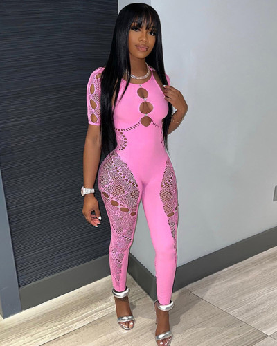 Solid color halterneck sleeves hollow out diamond sexy slim high waist lace jumpsuit