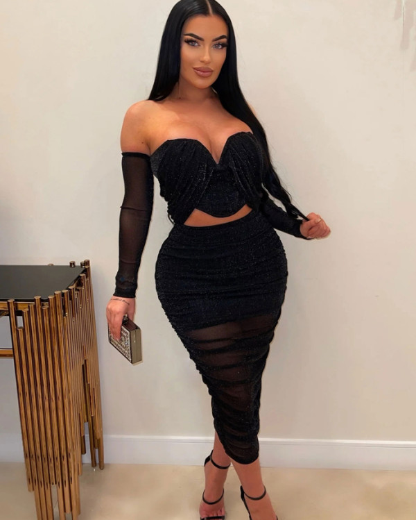 Sexy pleated skirt two piece set nightclub wear