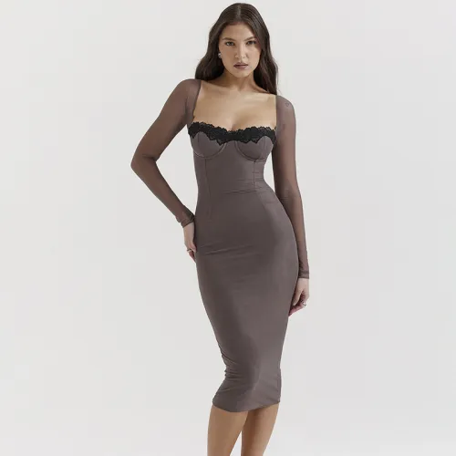 Long-sleeved low-cut fashionable sexy tight long dress