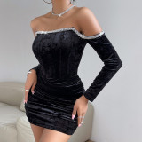 High-end sequined satin long-sleeved herringbone slim fit dress