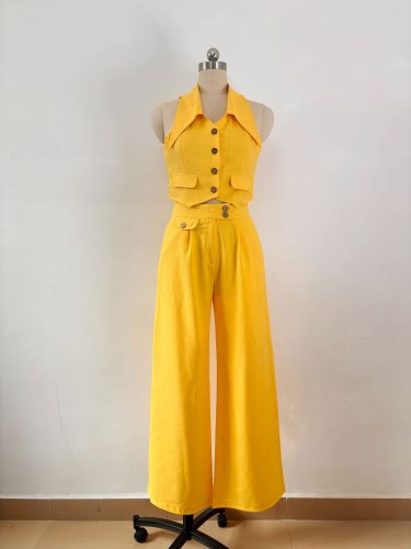 Sleeveless short vest top and loose solid color trousers two-piece set
