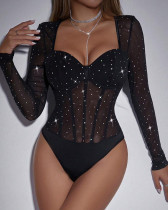 Sequined sexy see-through underwire slim long-sleeved mesh slimming and breathable bodysuit
