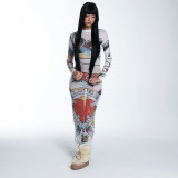 Casual mesh printed round neck long sleeve see-through slim long dress