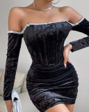 High-end sequined satin long-sleeved herringbone slim fit dress