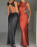 Solid color round neck sexy backless slim fit evening dress