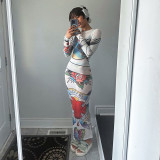 Casual mesh printed round neck long sleeve see-through slim long dress