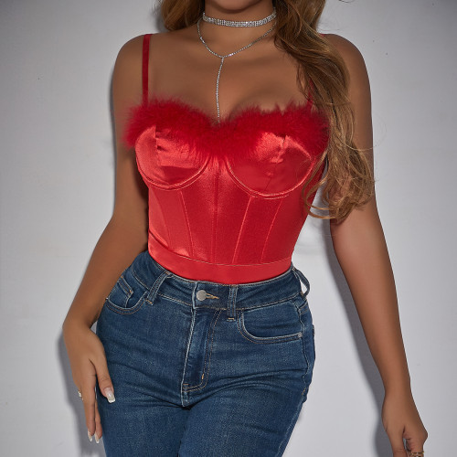Sexy women's feather low-cut waist-holding bodysuit