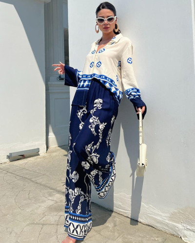 Fashionable printed loose long-sleeved tops and wide-leg pants two-piece set