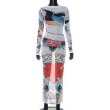 Casual mesh printed round neck long sleeve see-through slim long dress