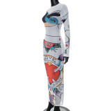 Casual mesh printed round neck long sleeve see-through slim long dress