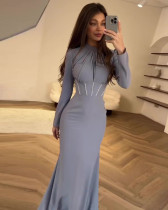 Slim-fitting long-sleeved pleated irregular long dress