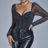 Low-cut waist-cinching sexy slim-fitting long-sleeved bodysuit