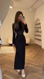 Slim-fitting long-sleeved pleated irregular long dress