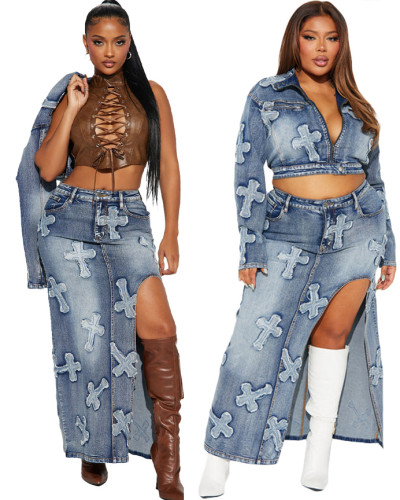 Fashionable sexy high-elastic embroidered washed denim skirt two-piece set