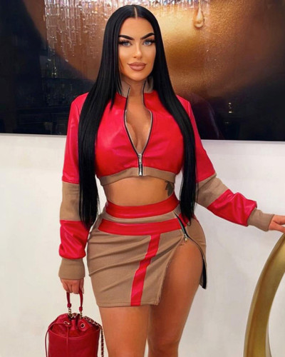 Stylish contrasting color patchwork top high waisted hip skirt set