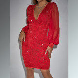 Red bling raglan long-sleeved deep V dress