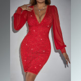 Red bling raglan long-sleeved deep V dress