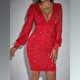 Red bling raglan long-sleeved deep V dress