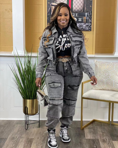 Stylish high-elastic multi-pocket washed denim casual two-piece set