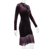 Fashionable breasted velvet ruffle sexy V-neck dress