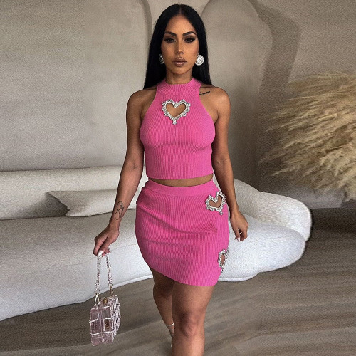 Love rhinestone hollow vest short skirt fashionable casual set