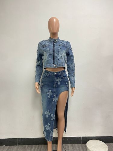 Fashionable sexy high-elastic embroidered washed denim skirt two-piece set