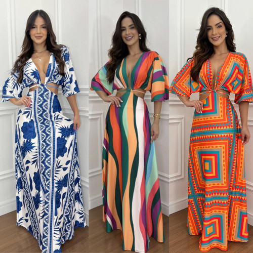 Color-blocked three-quarter bat-sleeve waist-baring strappy long bohemian dress