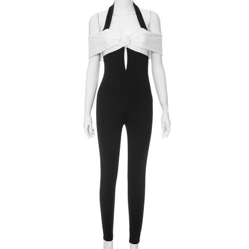 Spring contrasting color patchwork V-neck halter backless jumpsuit