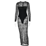 Lace see-through splicing round neck dress female sexy fashion casual tight long dress