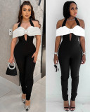 Spring contrasting color patchwork V-neck halter backless jumpsuit