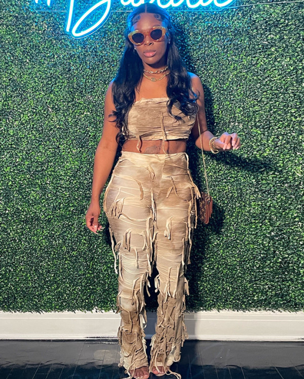 Tassel tube top pants sexy stretchy two-piece set