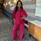 Spring color-blocked pocket casual shirt suit two-piece set