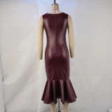 Women PU Leather Round Neck Sleeveless Bodycon Mermaid Dress