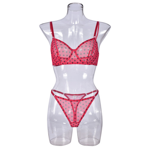 Heart-shaped Valentine's Day print see-through sexy lingerie set