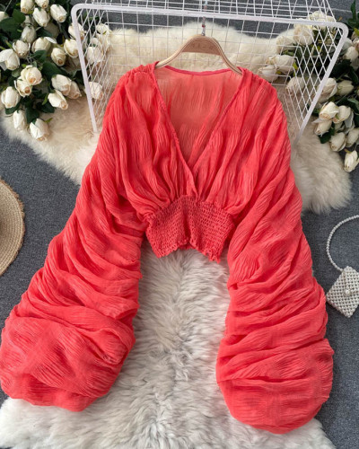 Pleated puff sleeve slim fit short chiffon blouse