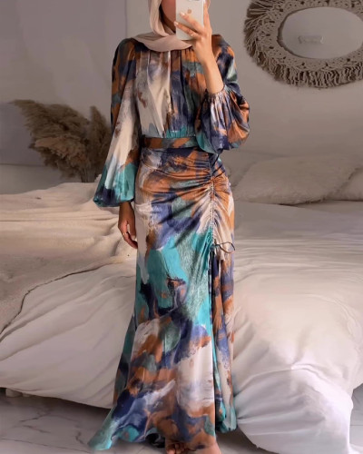 Spring pleated waist slimming long-sleeved maxi dress