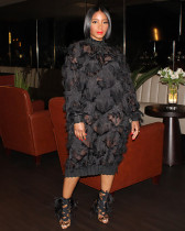 Chiffon fringed ribbed lace stand collar over size loose dress
