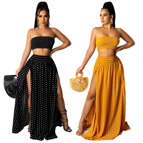 Sexy sleeveless sleeveless slit long skirt polka dot two piece sets