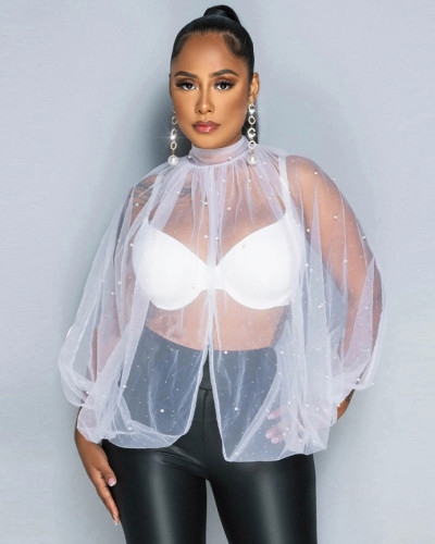 Sexy see-through mesh beaded long sleeve blouse