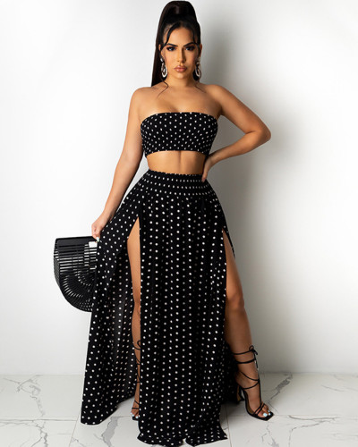 Sexy sleeveless sleeveless slit long skirt polka dot two piece sets