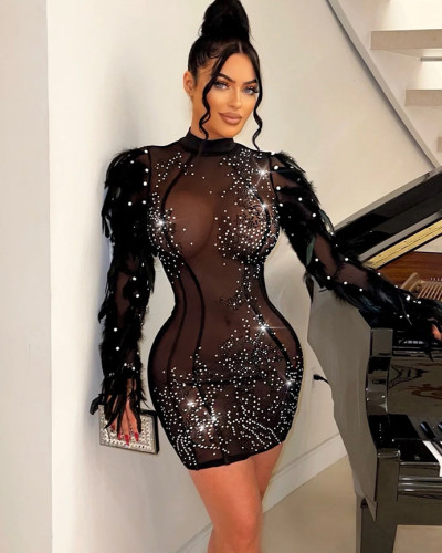 Sexy solid color mesh long sleeve short dress