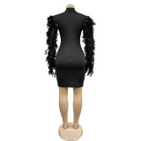 Sexy solid color mesh long sleeve short dress