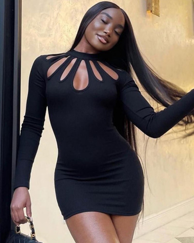 Stand collar hollow tight long sleeve solid color pullover dress